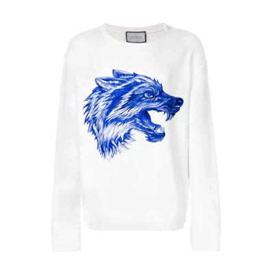 Gucci White Cotton Crewneck Sweatshirt with Wolf Print 497246-X3I41-9289