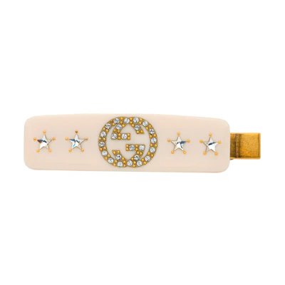 GUCCI White Crystal Double G Hair Clip with Stars Design. 630703-I4772-8588