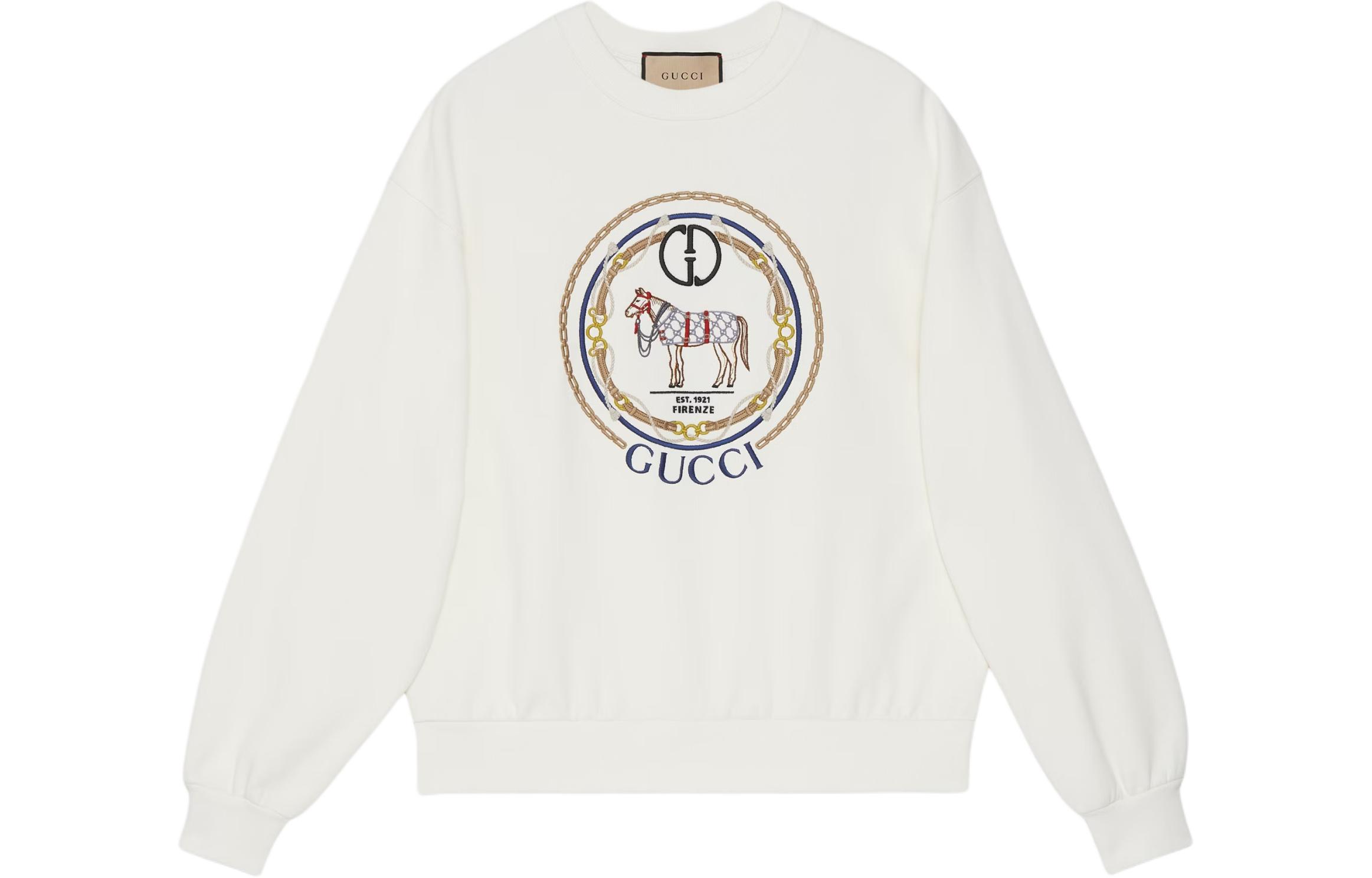 Gucci White Logo Embroidery Relaxed Fit Crewneck Sweatshirt 768530XJGA0-9088