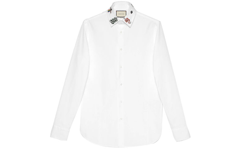 GUCCI White Long Sleeve Cotton Shirt with Embroidered Collar 523500-Z341L-9061
