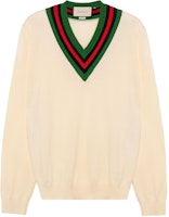 Gucci White V-Neck Sweater with Striped Trims 576802-XKAUK-9133 Gucci White V-Neck Sweater with Striped Trims 576802-XKAUK-9133