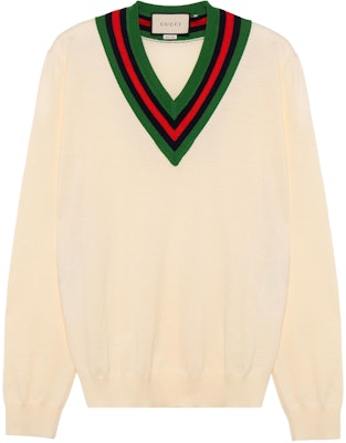 グッチ 白 Vネック セーター ストライプトリム付き 576802-XKAUK-9133 Buy グッチ 白 Vネック セーター ストライプトリム付き 576802-XKAUK-9133