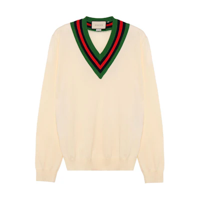 Gucci White V-Neck Sweater with Striped Trims 576802-XKAUK-9133