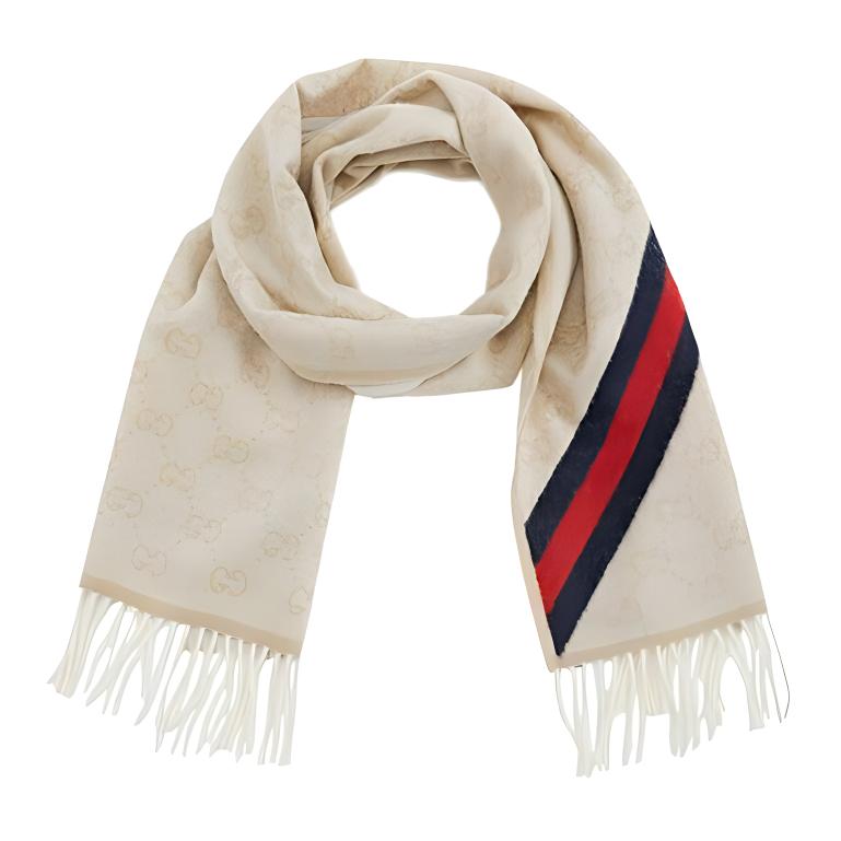 GUCCI Wool Double G Scarf Black Red Stripes Unisex Couple Cream Color 570603-3G200-9568