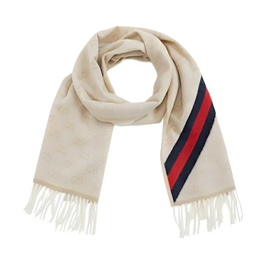 GUCCI Wool Double G Scarf Black Red Stripes Unisex Couple Cream Color 570603-3G200-9568