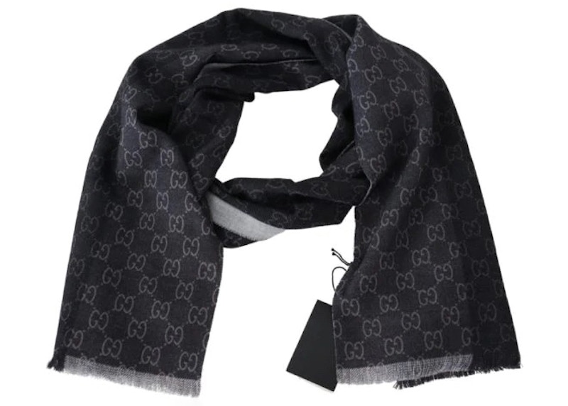 Buy 古馳羊毛GG圖案圍巾黑色/灰色