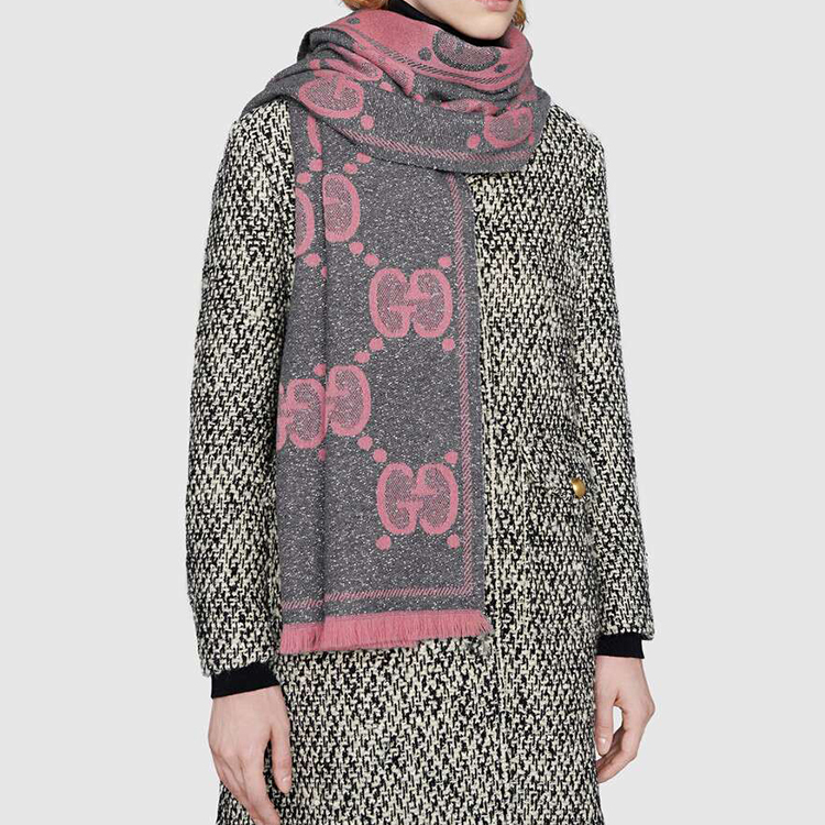 GUCCI Wool Knit Scarf Unisex Grey/Pink Couples Edition 598993-3GC15-1272 圖 5