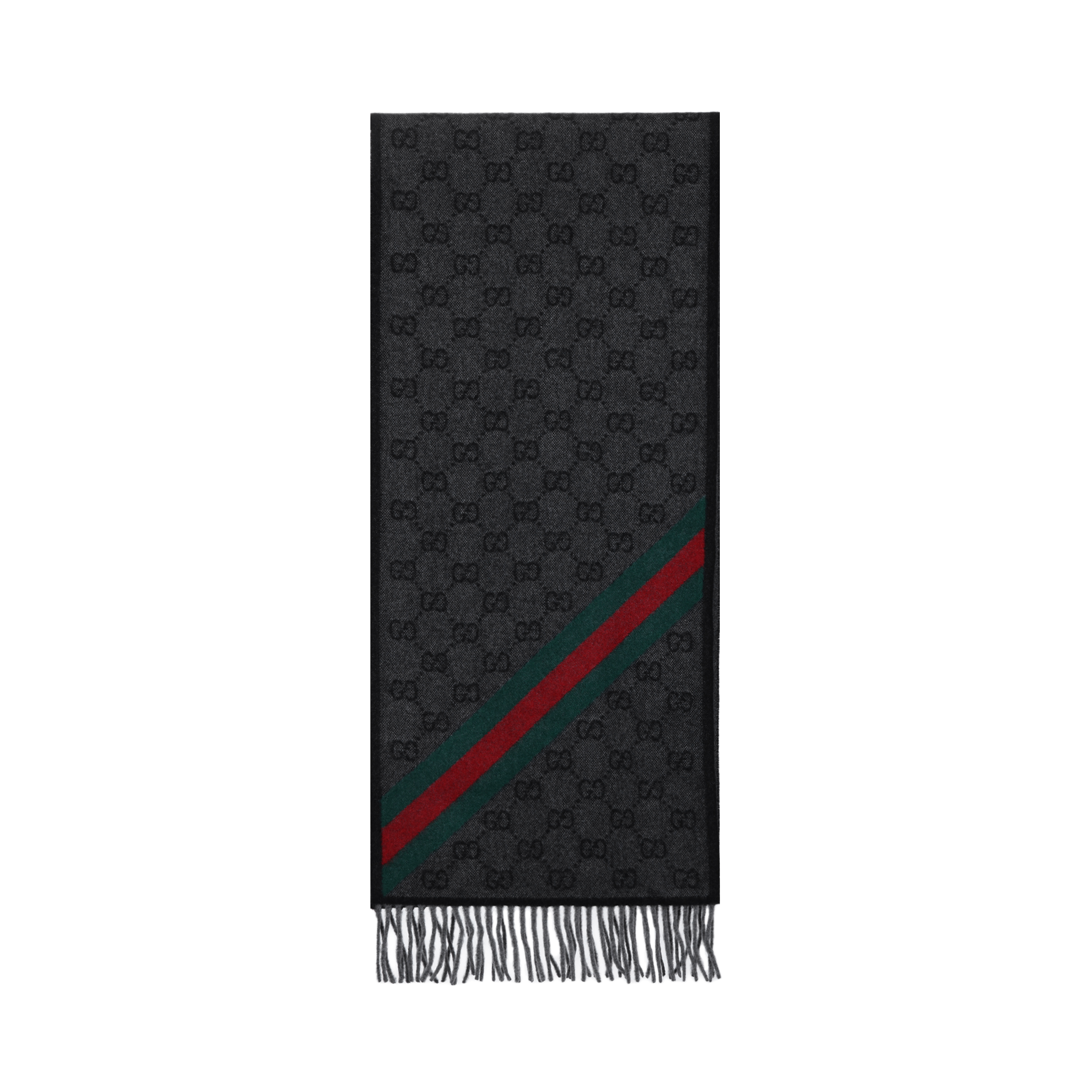 GUCCI Wool Long Fringe Scarf Unisex Black Grey Couple Style Warm Accessory 570603-3G200-1466
