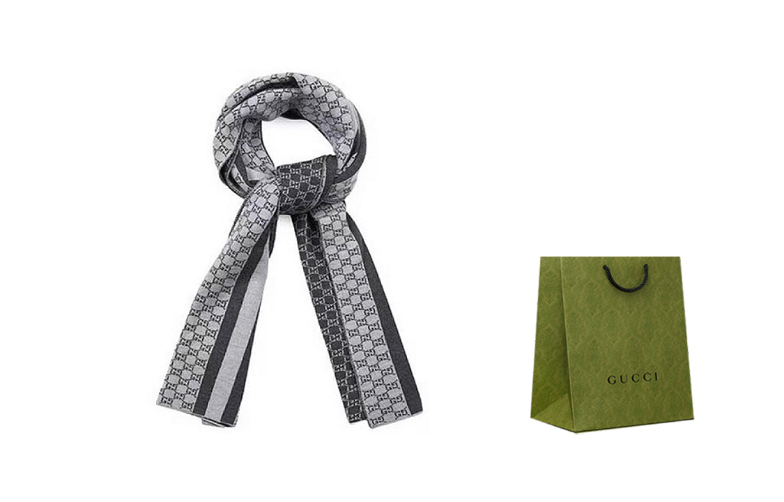 GUCCI Wool Print Striped Couple Scarf Light Gray Unisex 438253-3G206-1762 圖 2