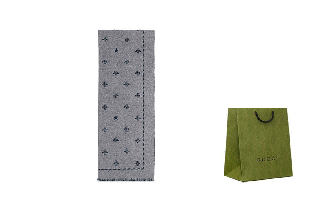 GUCCI Wool Scarf with Bee and Star Pattern Unisex 430583-4G200-1468 圖 5