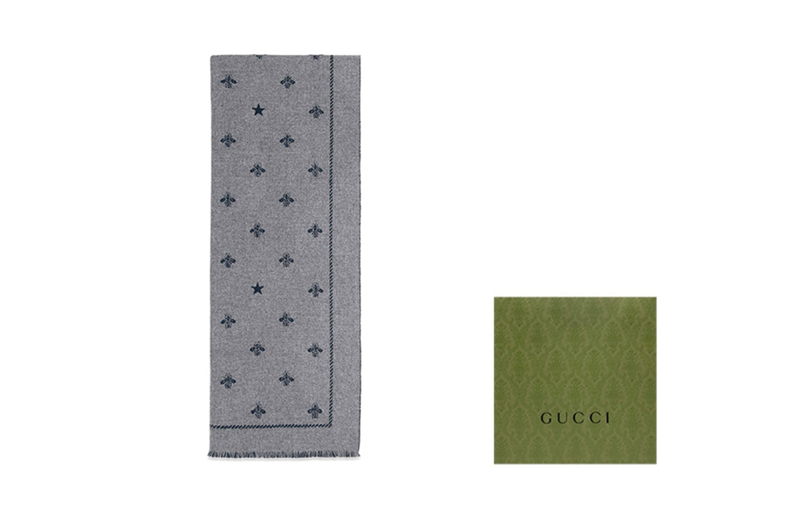 GUCCI Wool Scarf with Bee and Star Pattern Unisex 430583-4G200-1468 圖 7