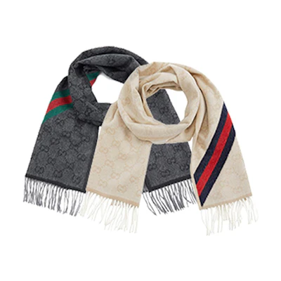 GUCCI Woolen Scarf Unisex Couple Style Black Gray + Off-White 570603