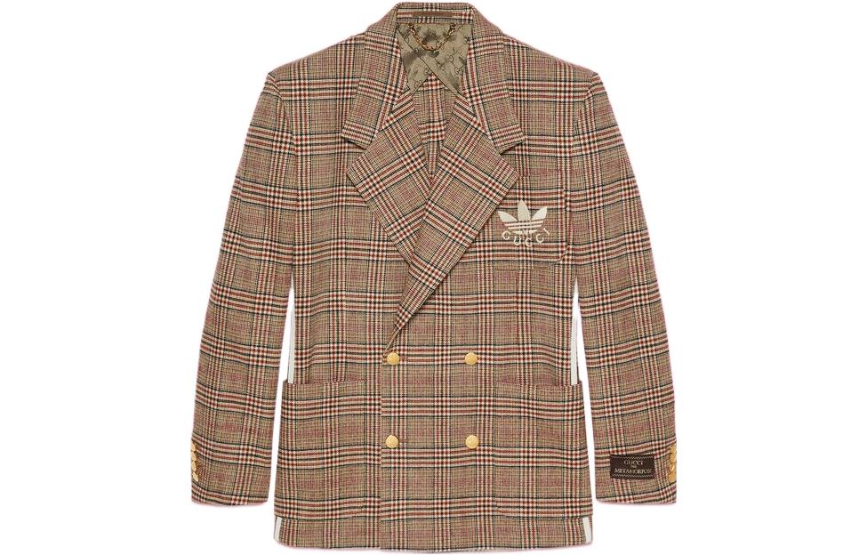 Gucci x Adidas Logo Plaid Double-Breasted Blazer Beige 691430-ZAKQL-9037