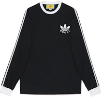 Gucci x adidas SS23 Black Logo Print Long Sleeve Striped Shoulder Tee 722944-XJE1H-1152 Gucci x adidas SS23 Black Logo Print Long Sleeve Striped Shoulder Tee 722944-XJE1H-1152