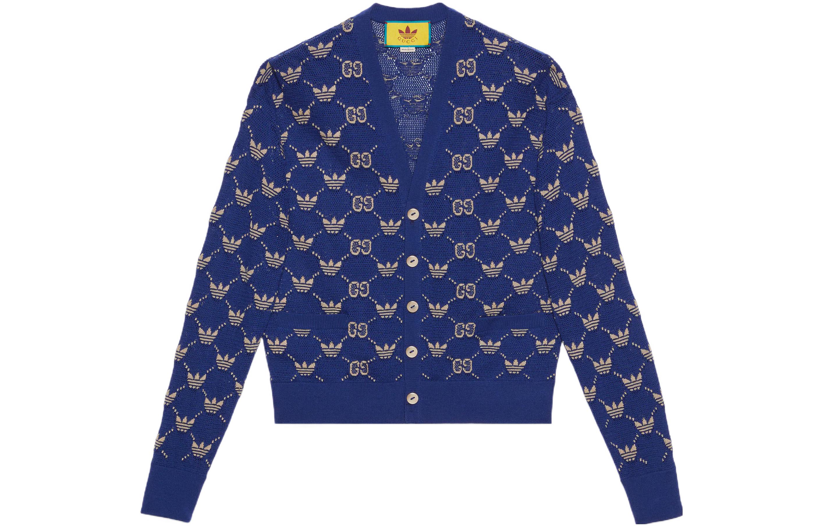 Gucci x adidas SS23 Blue Logo Jacquard V-Neck Knit Sweater 700474-XKCD0-4753