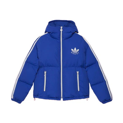 Gucci adidas SS23 Blue Logo Striped Hooded Puffer Jacket 713718-ZALC7-4309