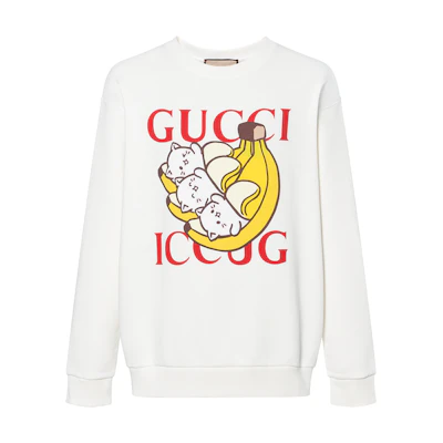 Gucci Bananya Unisex White Cartoon Cat Long Sleeve Crewneck Sweatshirt 617964-XJDGM-9095