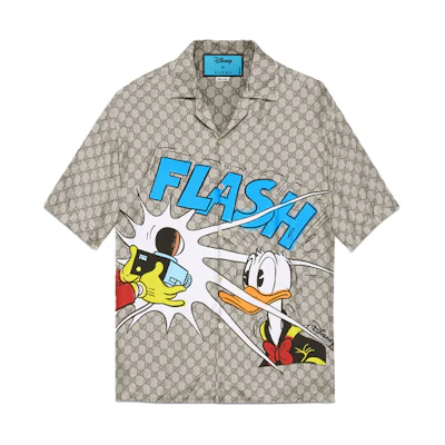Gucci Disney Donald Duck Print Silk Short Sleeve Shirt Camel Mens 646446-ZAGCN-2165