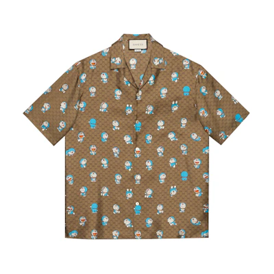 Gucci Doraemon All-Over Print Brown Button-Down Short-Sleeve Shirt 654763-ZAGSH-2165