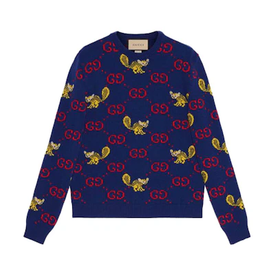 Gucci Freya Hartas FW21 Blue Animal Alphabet Crewneck Sweater 661836-XKBXX-4795