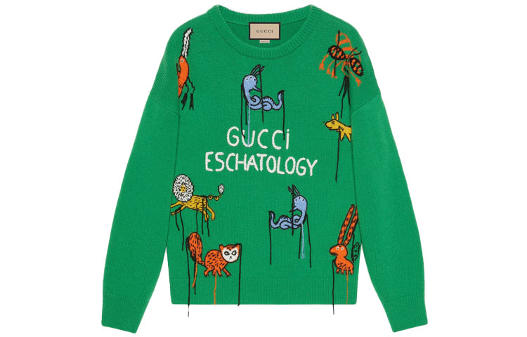 GUCCI Freya Hartas FW21 Green Animal Print Cartoon Wool Sweater Men’s 653914-XKBYF-3129