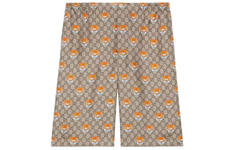 Gucci x Kai SS21 Brown Bear Cartoon Print Silk Shorts 660286-ZAG1O-2233