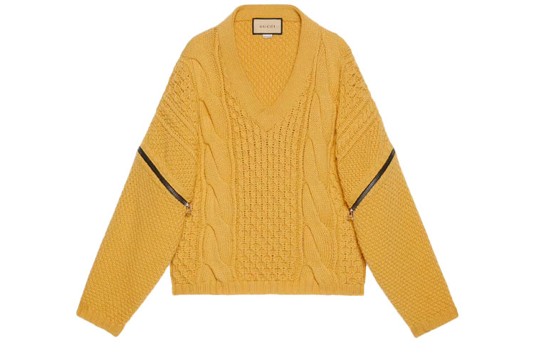 Gucci Yellow Detachable Sleeve Cable Knit V-Neck Sweater 673684-XKB22-7325