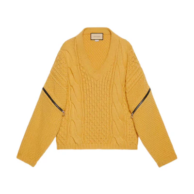 Gucci Yellow Detachable Sleeve Cable Knit V-Neck Sweater 673684-XKB22-7325