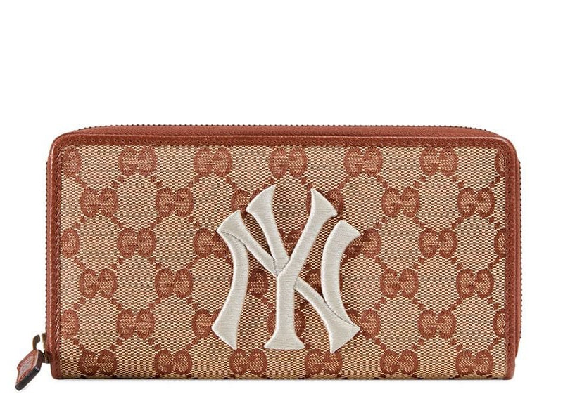Gucci Zip Around Wallet NY Yankees Patch GG Beige/Brick Red