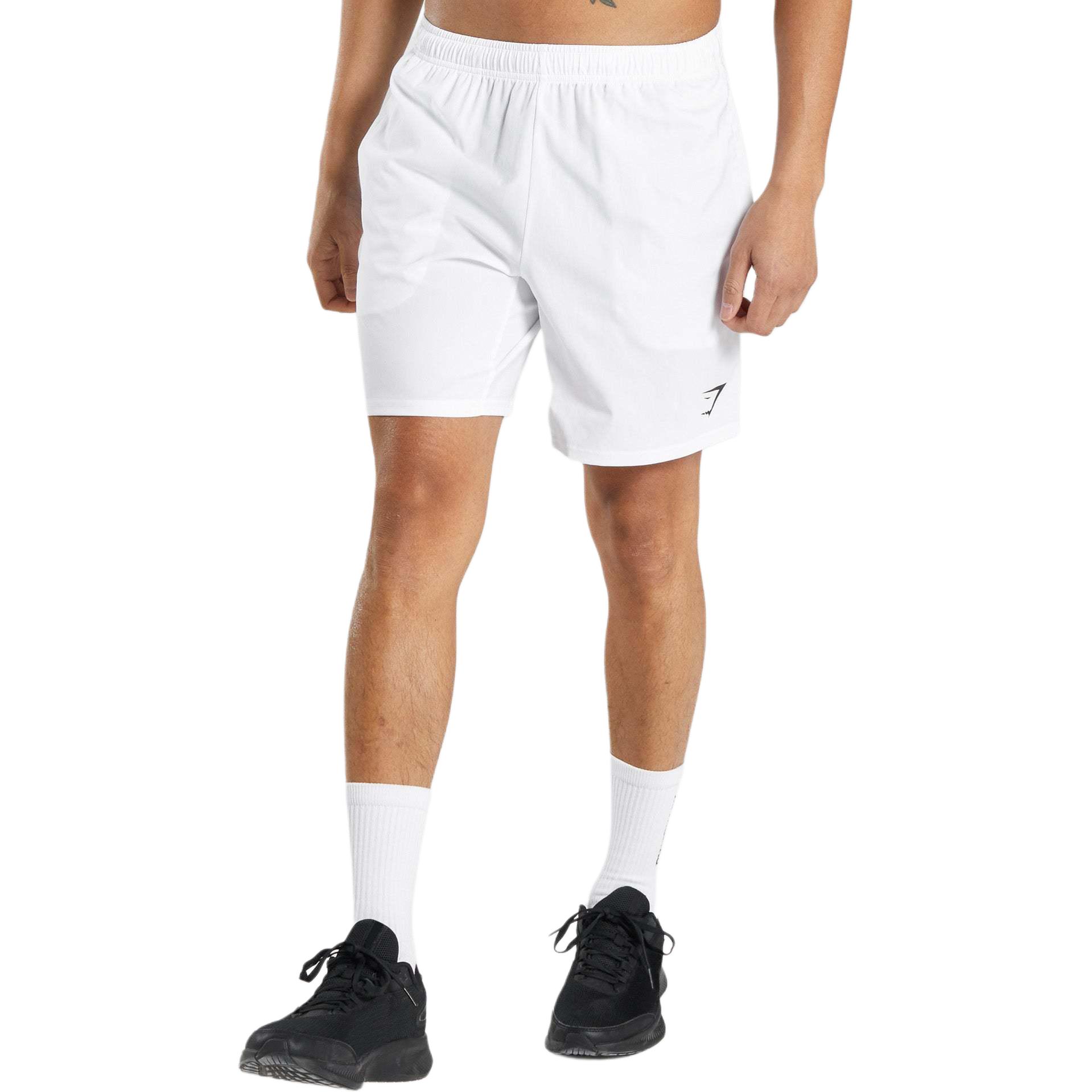 GYMSHARK ARRIVAL 7" White Sweat-Wicking Slim Fit Shorts with Logo. A2A1L-WBBM