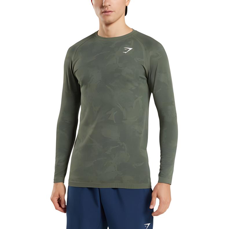 GYMSHARK Geo Seamless Lightweight Camo Long Sleeve Shirt Men’s Olive Green A2A4J-EBH6-Clothing