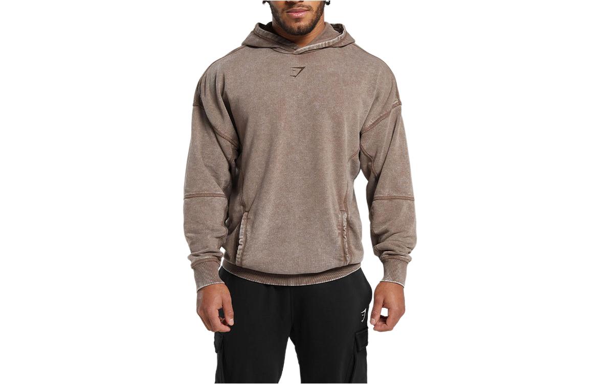 Gymshark Heritage Brown Hoodie with Logo Print and Stitch Detail. A4A7J-NB7Q