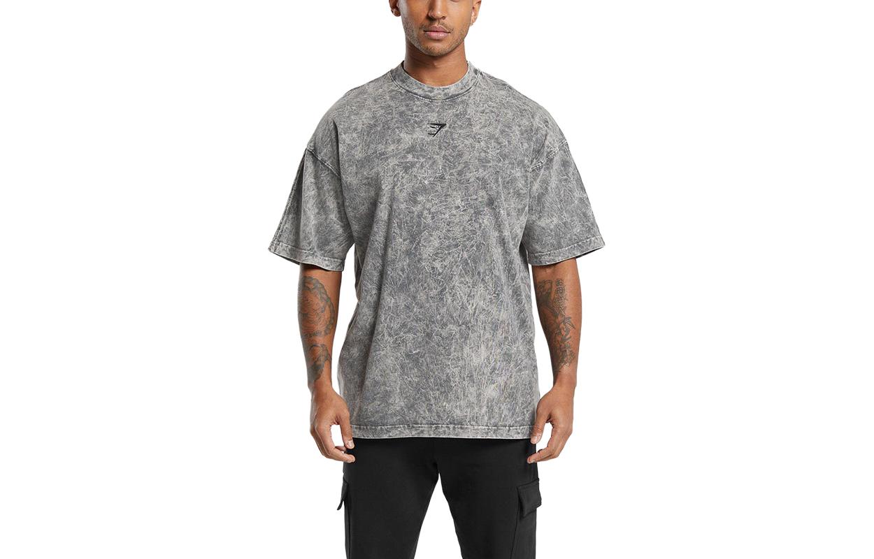 GYMSHARK Rest Day Washed Grey Loose Fit Crewneck T-Shirt with Embroidered Logo Men. A5A5F-BCCL