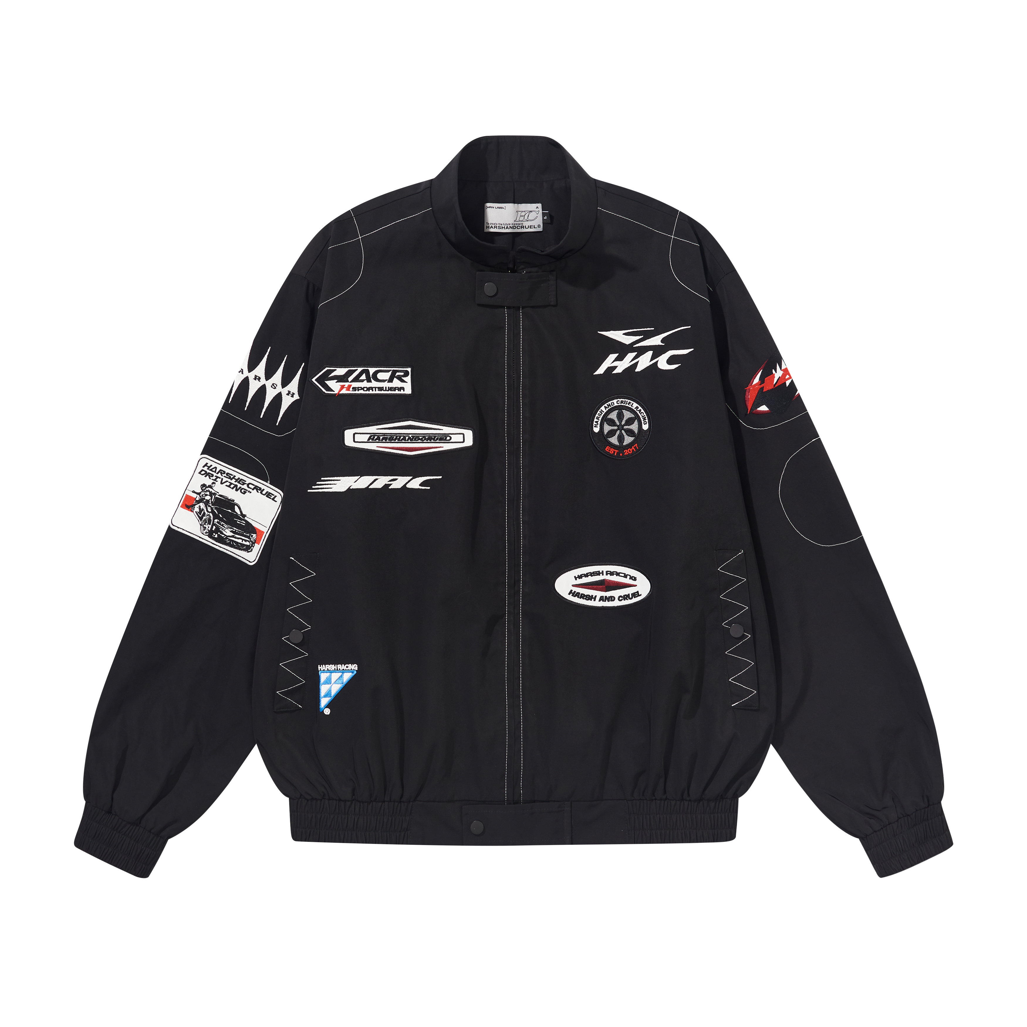 HARSH AND CRUEL Black Retro Embroidered Racer Jacket Unisex. HX241050065