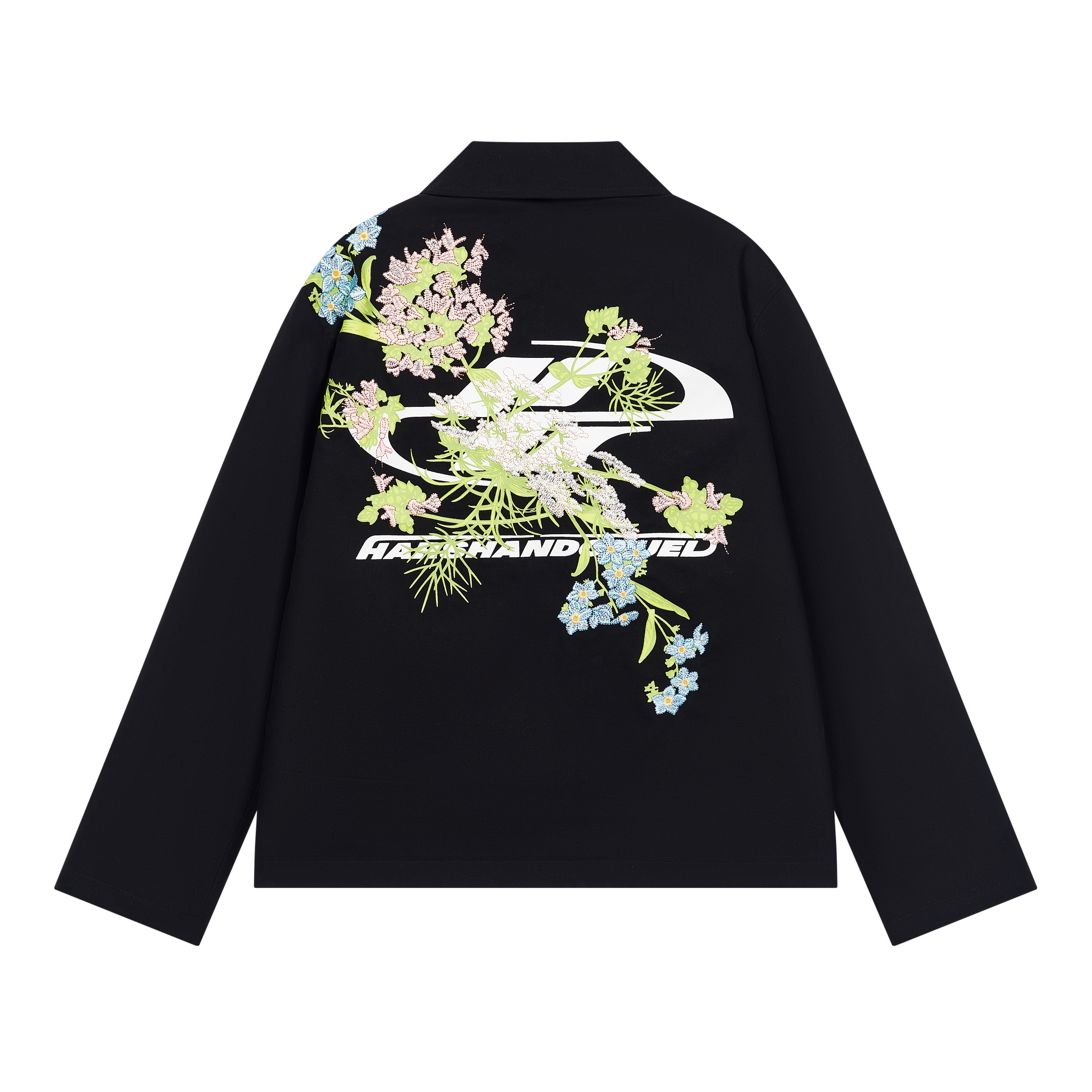 HARSH AND CRUEL Floral Embroidery Black Twill Zip Jacket Unisex HL243050225