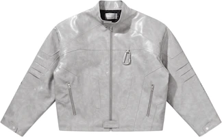 HARSH AND CRUEL Grey Streetwear Racing Patchwork Quilted Leather Jacket Unisex HL233050511 HARSH AND CRUEL Grey Streetwear Racing Patchwork Quilted Leather Jacket Unisex HL233050511