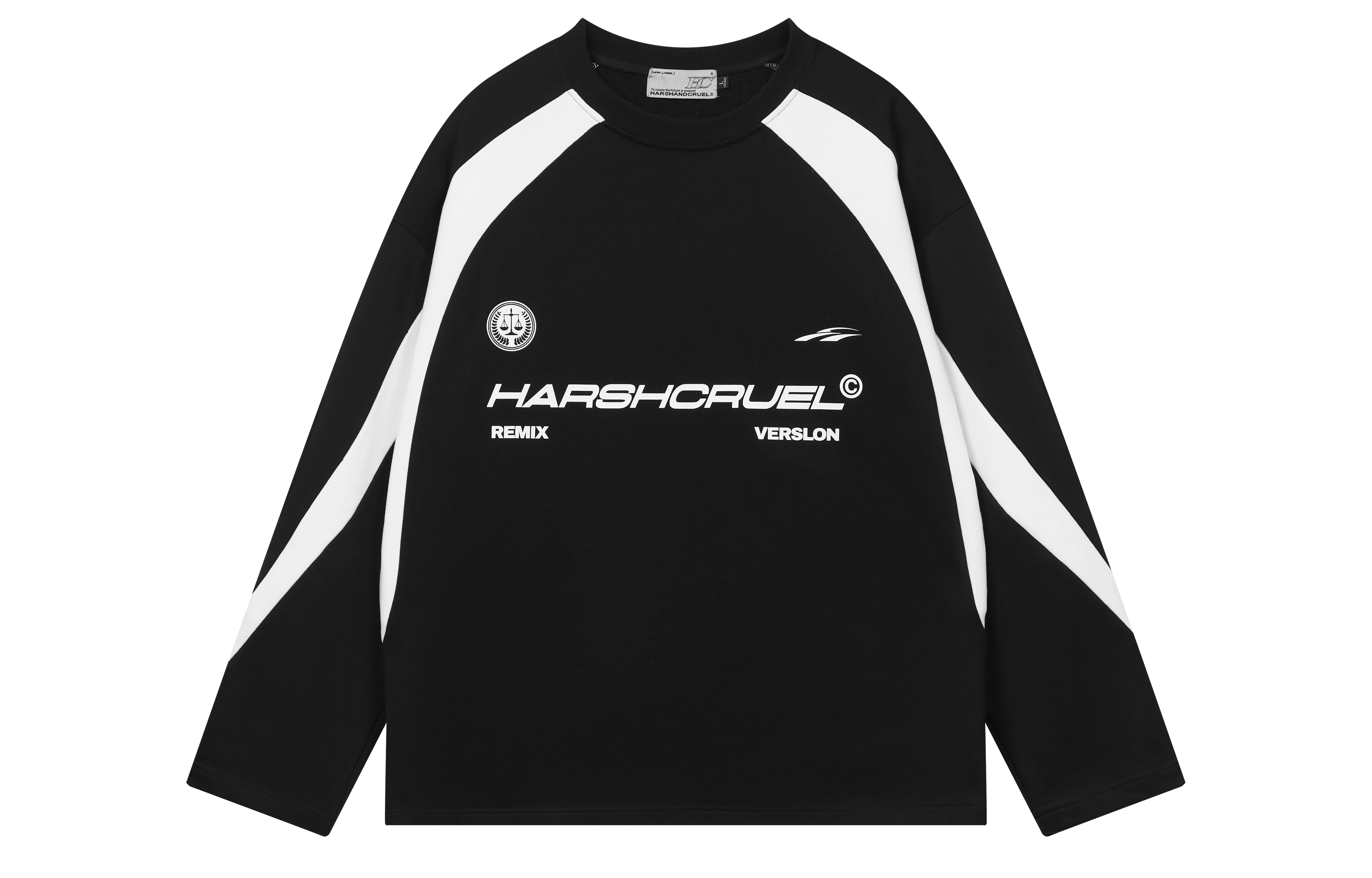 HARSH AND CRUEL SS23 Black Colorblock Soccer-Inspired Graphic Crewneck Sweatshirt. HM231030020