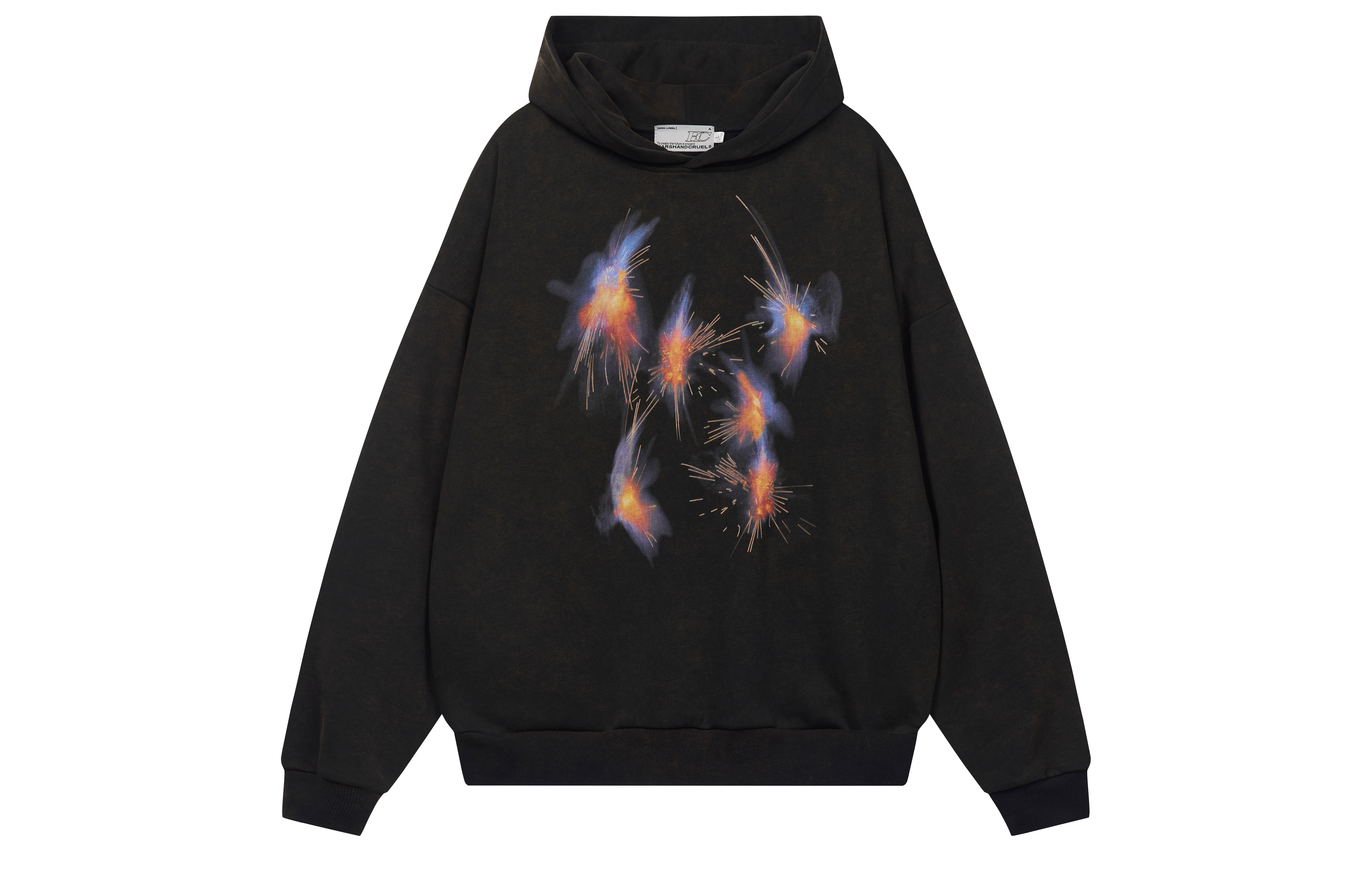 HARSH AND CRUEL SS23 Washed Black Firework Streetwear Pullover Hoodie Unisex. HM231030024