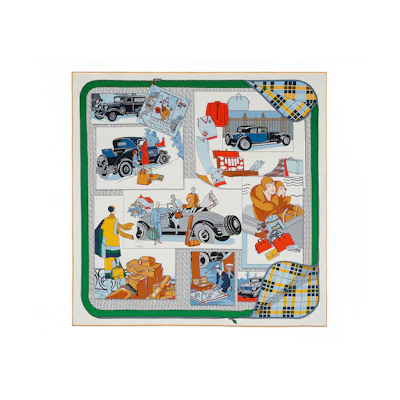 HERMES 70 Series Car Pattern Green Silk Scarf Unisex H981902S-04