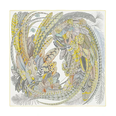 HERMES 90 Silk Scarf Floral Crown Feather Design Yellow H003433S-03