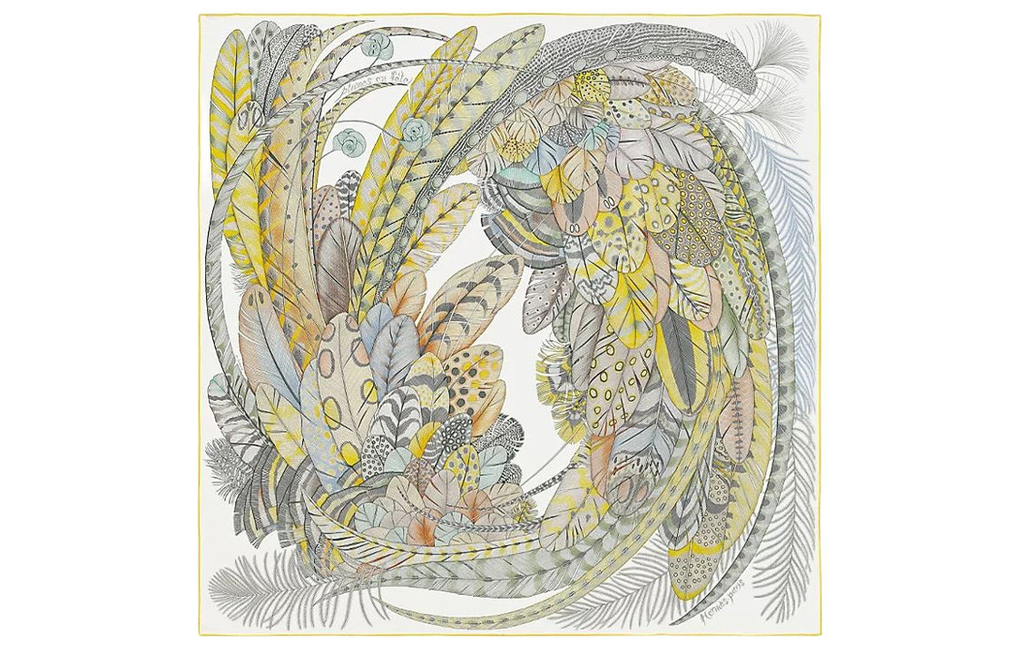 HERMES 90 Silk Scarf Floral Crown Feather Design Yellow H003433S-03 圖 2