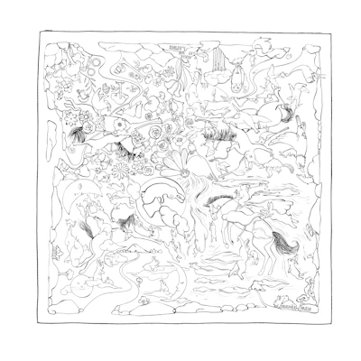 HERMES "1001 Rabbits" Pattern White Silk Scarf Unisex Couple Edition H004007S-23