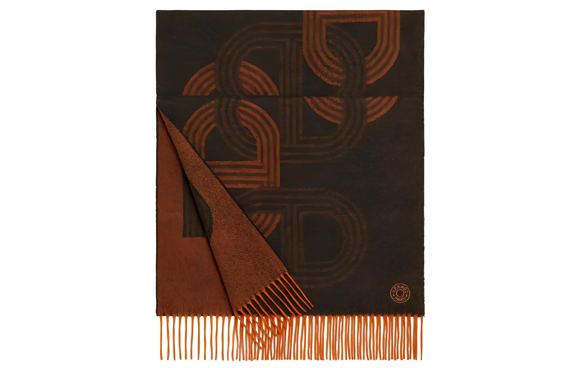 HERMES  24 Speedway Print Fringe Cashmere Scarf in Orange. H392684T-04