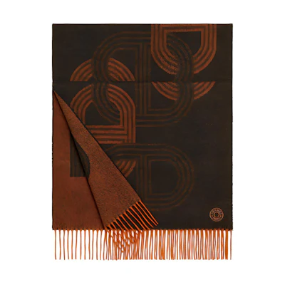 HERMES 24 Speedway Print Fringe Cashmere Scarf in Orange. H392684T-04