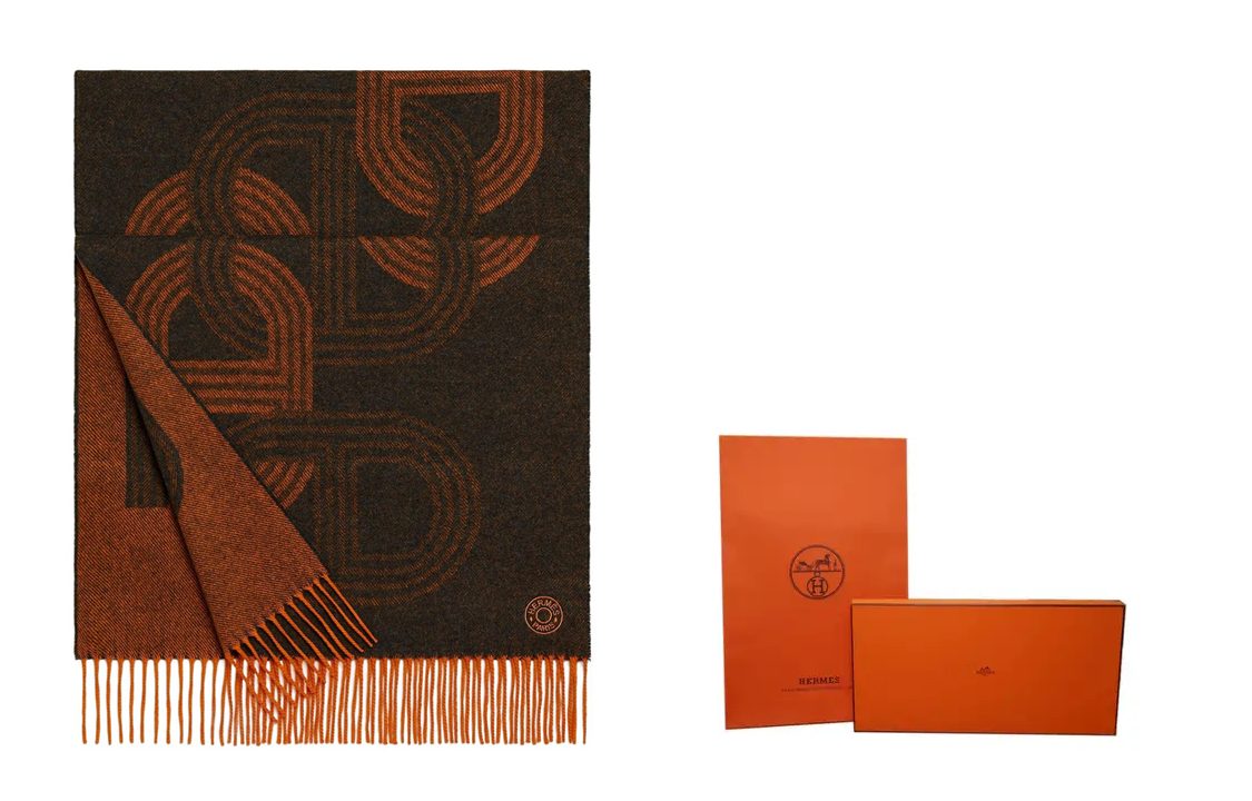 HERMES  24 Speedway Print Fringe Cashmere Scarf in Orange. H392684T-04 圖 5