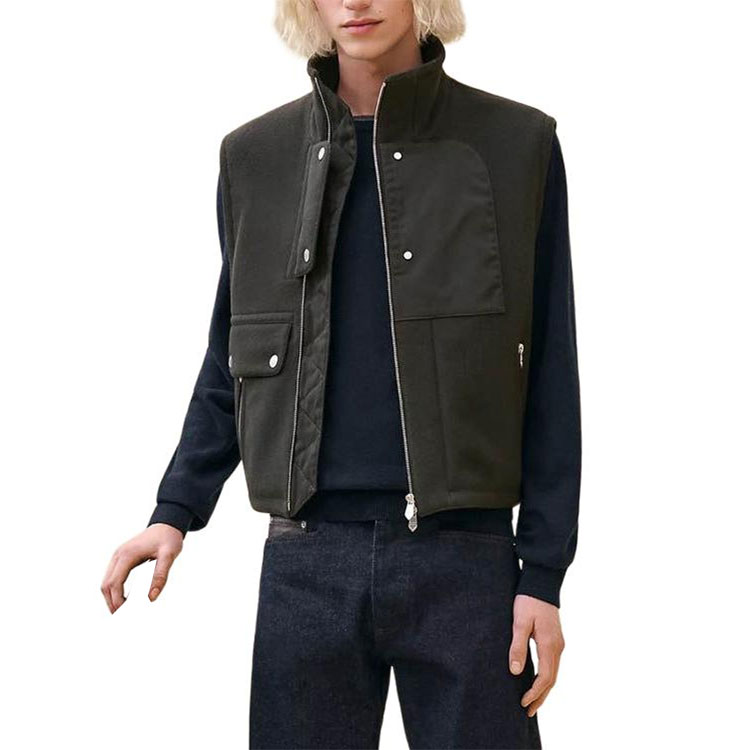 HERMES  Army Green Solid Color Zip-Up Stand Collar Vest FW24 H462100HB11