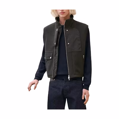 HERMES Army Green Solid Color Zip-Up Stand Collar Vest FW24 H462100HB11