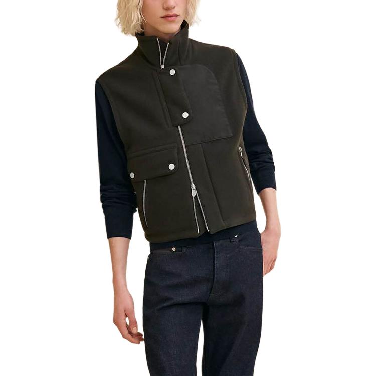 Shop HERMES  Army Green Solid Color Zip-Up Stand Collar Vest FW24 H462100HB11