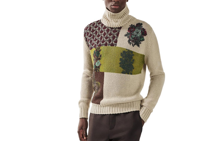 HERMES  Beige Faded Floral Intarsia Turtleneck Sweater Long Sleeve. H365120HA38