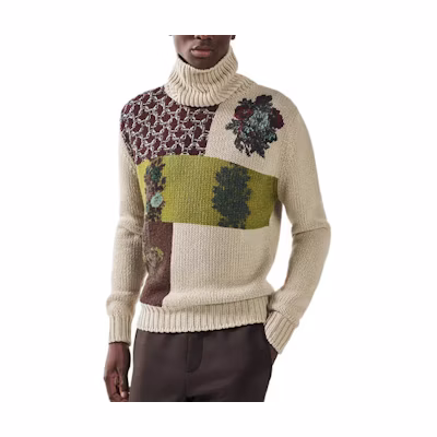 HERMES Beige Faded Floral Intarsia Turtleneck Sweater Long Sleeve. H365120HA38